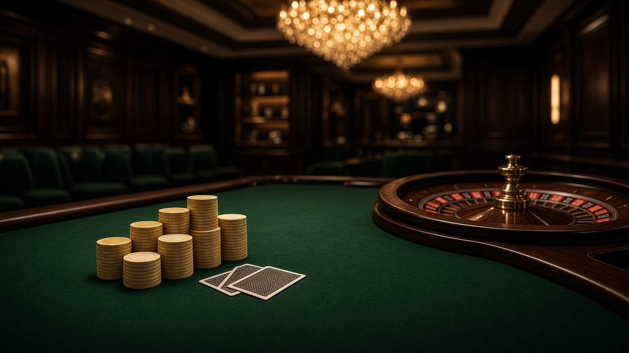 Mesa de feltro verde com fichas, cartas e roleta num salão escuro