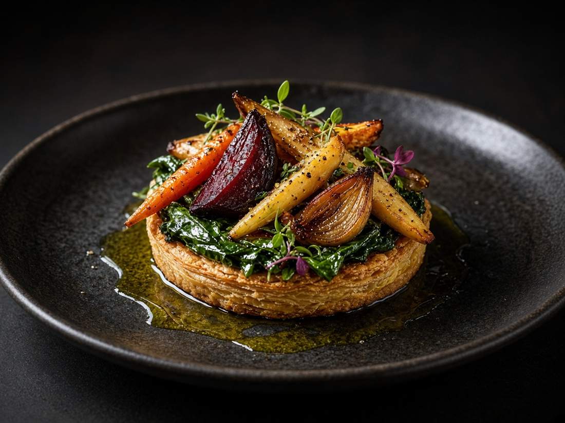 Tarte de legumes assados com ervas num prato escuro