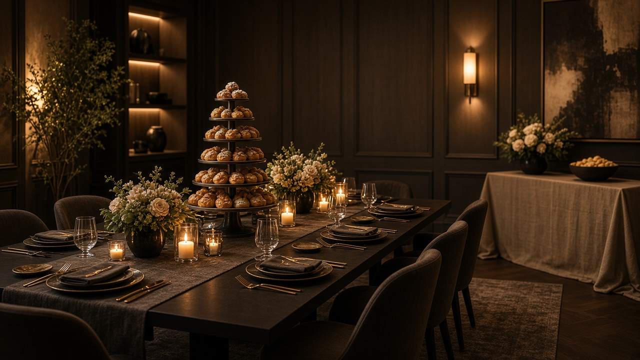 Salão privado com mesa longa, velas e torre de pastéis