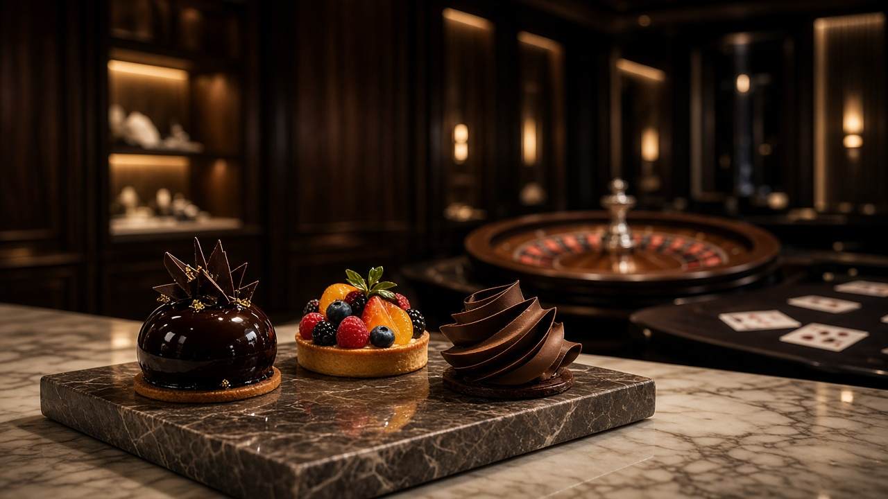 Pastéis de chocolate e frutos com uma roleta ao fundo do salão