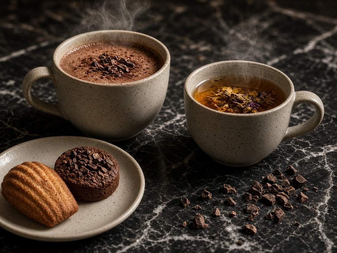 Chávena de chocolate quente e chá de flores com pequenos bolos